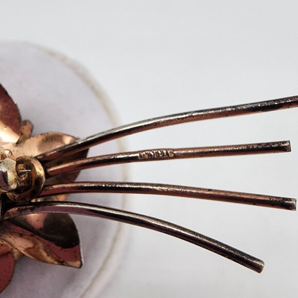 Vintage Sterling Silver with Rose Gold Vermeil Plum Rhinestone Floral Brooch 40s - Picture 11 of 12